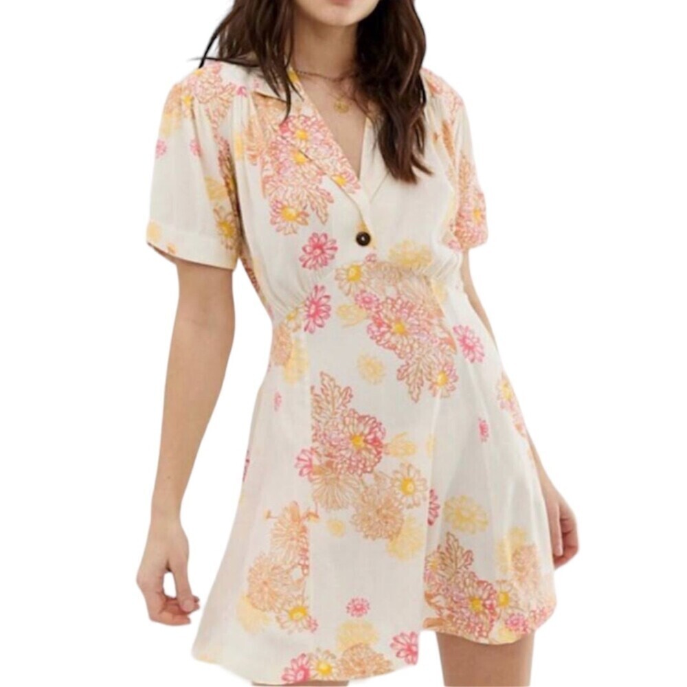Free People Beige Floral Blue Hawaii Mini Dress S